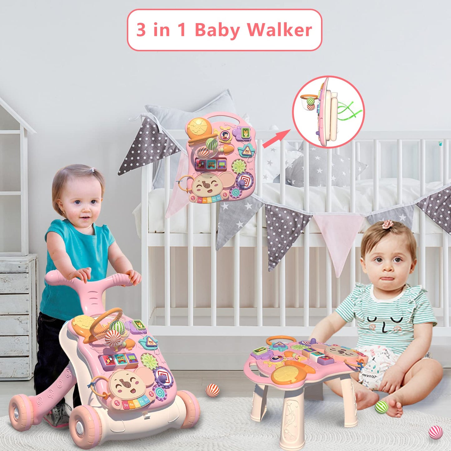 QDRAGON 3 in 1 Baby Walker and Activity Center for Girl, Learning to Walk, Sit to Stand, Early Educational Push Toys with Music Panel for Infant Toddler 12+ Months Pink