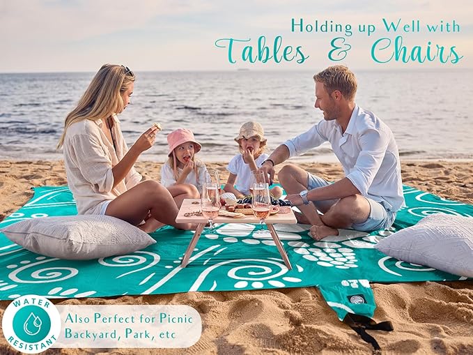 WEKAPO Beach Blanket Waterproof Sandproof Oversized Extra Large Sand Free Beach Mat with Stakes, Storage Bag - Essentials for Outdoor Beach, Picnic (Gradient Teal Sea Turtle, 8 X 7 FT (1~4 Person))