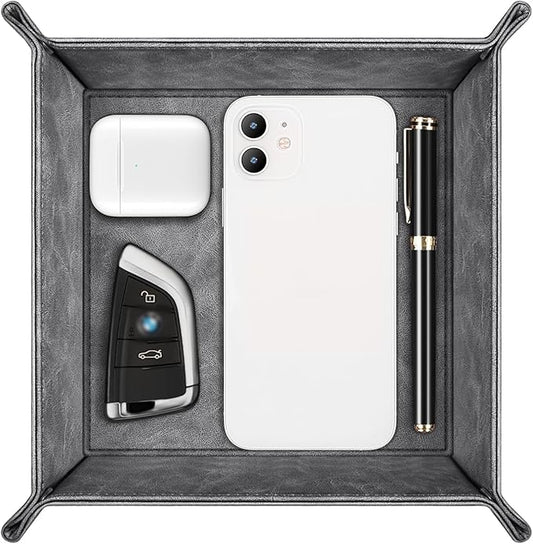 SITHON Valet Tray Desktop Storage Organizer â Premium PU Leather Catchall Bedside Vanity Tray Nightstand Caddy Holder for Remote Controller, Keys, Phone, Wallet, Coin, Jewelry (Gray)