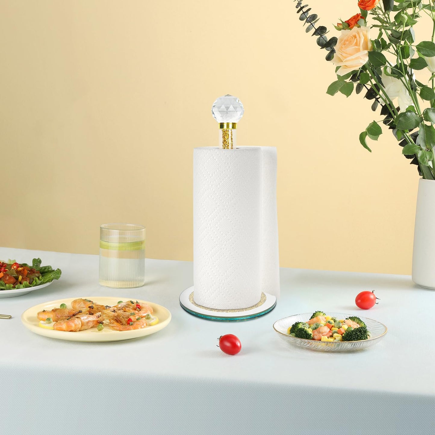 Paper Towel Holder Stand,Gold Countertop Paper Towel Roll Dispenser Holders with Round Base, Tissue Countert Filled with Crystal Sparkly Crushed Diamonds House Decor for Kitchen Bathroom，Heavy Weight