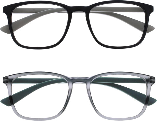 OPULIZE Max Classic Reading glasses for Women Men,Scratch Resistant Large Rectangular frame with Spring Hinges, Black & Grey +3 (Pack of 2)