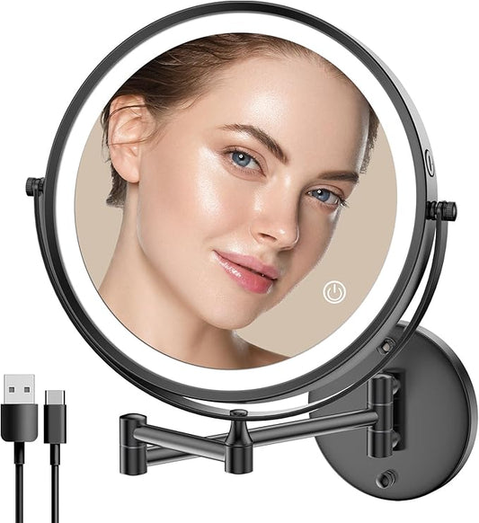Rocollos 9" Wall Mounted Lighted Makeup Mirror, Large Double Sided 1X/10X Magnifying Mirror, 3 Color LED Vanity Mirror, Touch Dimmable 360Â° Swivel Light Up for Bathroom