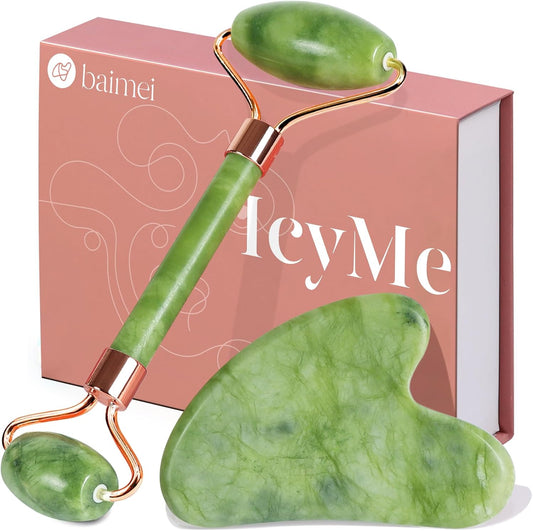 BAIMEI IcyMe Gua Sha & Jade Roller Set, Cooling Face Roller & Gua Sha Tool for Depuffing, Facial Sculpting & Jawline Definition, Smooth Rolling Skincare Tools for Women & Men – Green