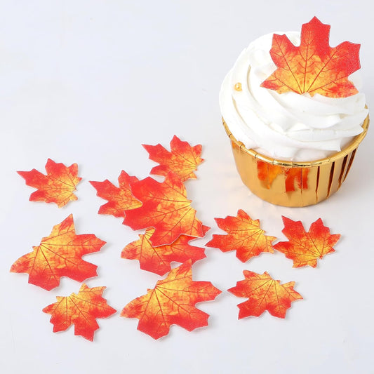 74 Pack Edible Fall Leaves Cupcake Cake Toppers Wafer Paper Autumn Maple Leaf Cake Decorations Thanksgiving Theme Cake Picks Wedding Birthday Baby Shower Party Decorations Red Color and Assorted Size