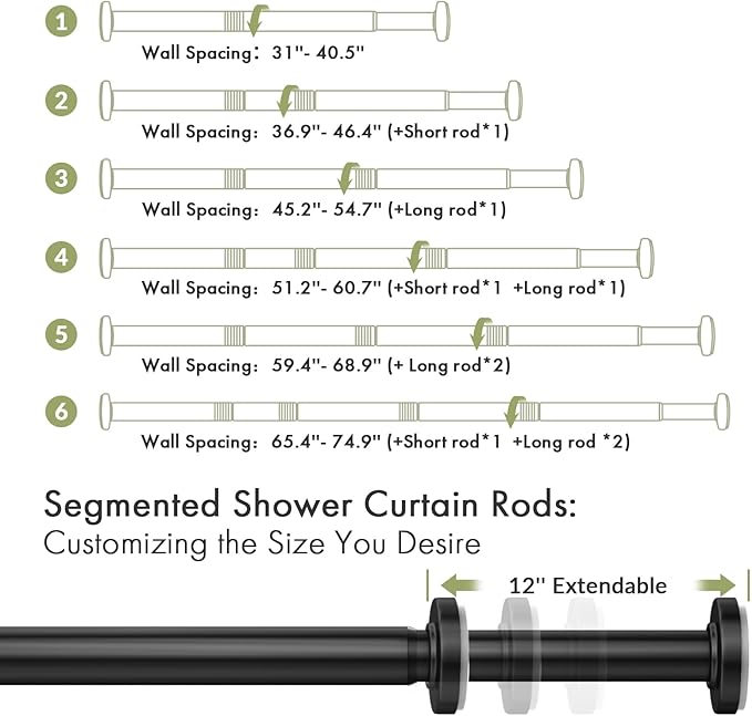 AmazerBath Spring Tension Shower Curtain Rod, 31-75 Inches Heavy Duty Tension Rod Rust Proof Bathroom Curtain Rod, Adjustable No Drill Easy Segmented Installation, Black