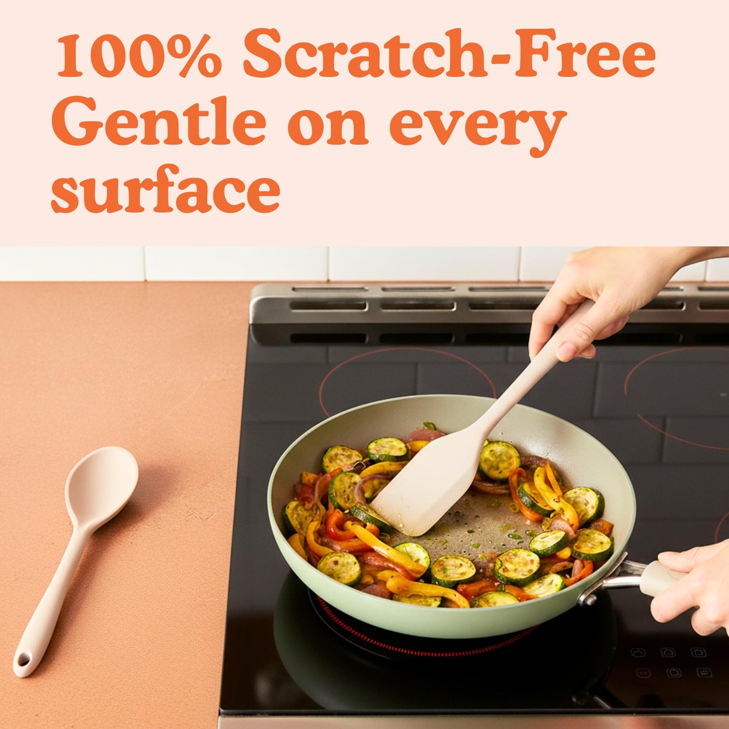 Non-Toxic Platinum Silicone Kitchen Utensil Set of 8 – Non-Scratch Cooking Spoons & Spatulas, 100% Plastic Free, Stainless Steel Core, Heat Resistant 500°F, Beige