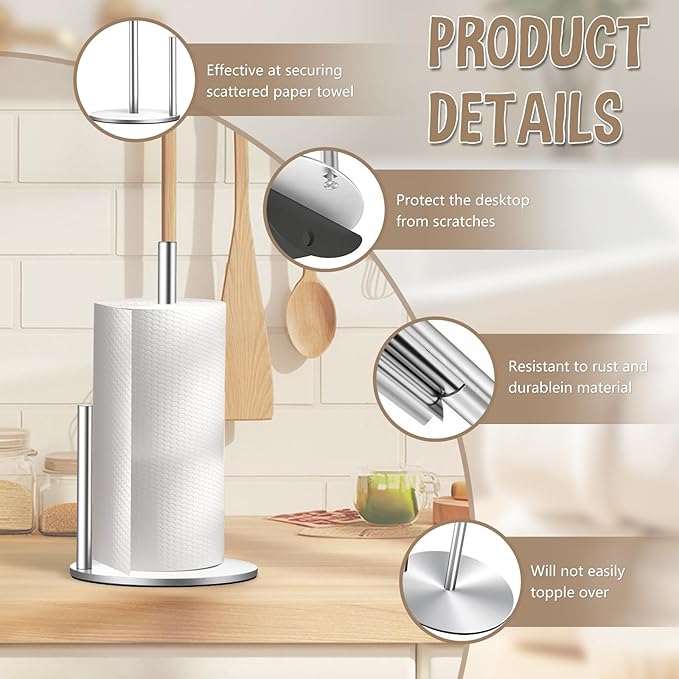 Paper Towel Holder Countertop, Premium Stainless Steel Silver Paper Towel Holder with Anti Slip & Waterproof, Freestanding Countertop Paper Towels Holder for Kitchen, Tabletop, Bathroom