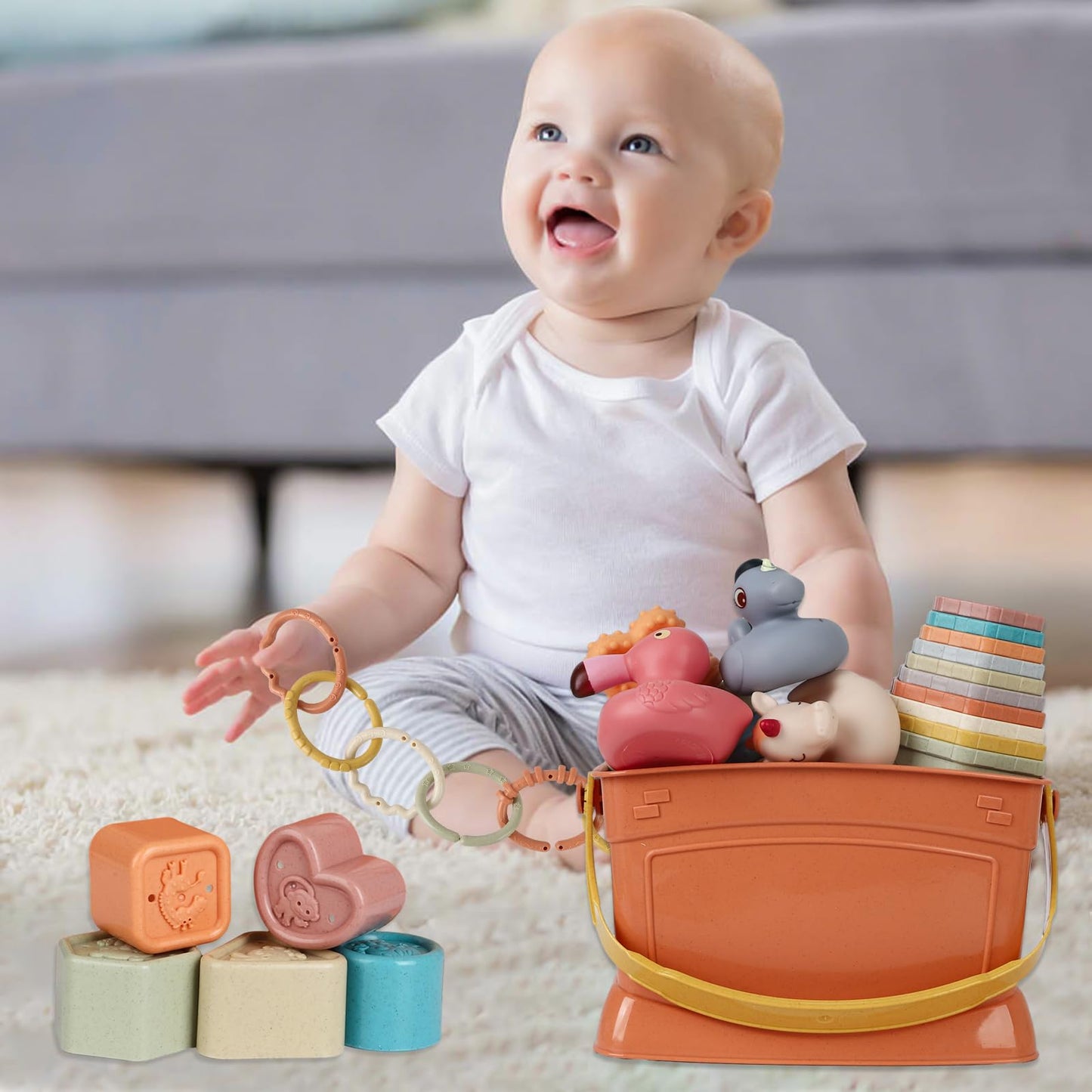BYFWH Shape Sorters Baby Toys 5 in 1 Montessori Toy for 6-48 Months Stacking Cups,Rings Toy Links,Soft Stacking Rings,Blocks Set,Soft Animals Toys Shape Sorters for Toddlers 1-3