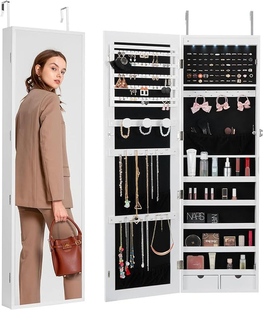 VEVOR Mirror Jewelry Cabinet, 47.2-Inch Tall Lockable Jewelry Armoire with Full-Length Mirror, Wall/Door Mounted Organizer with LED Lights and Velvet Lining, White