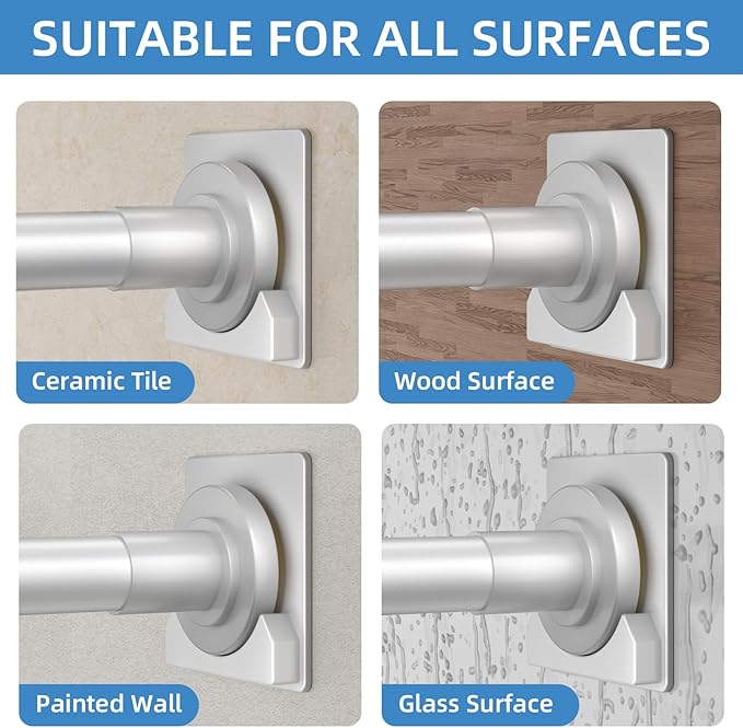 CorkLatta Matte Silver Shower Curtain Rod,1 Inch Diameter Stainless Steel Adjustable Spring Tension Rods 32 to 92",with Holders,Anti-Slip,Curtain Rods No Drilling(1 Pack)