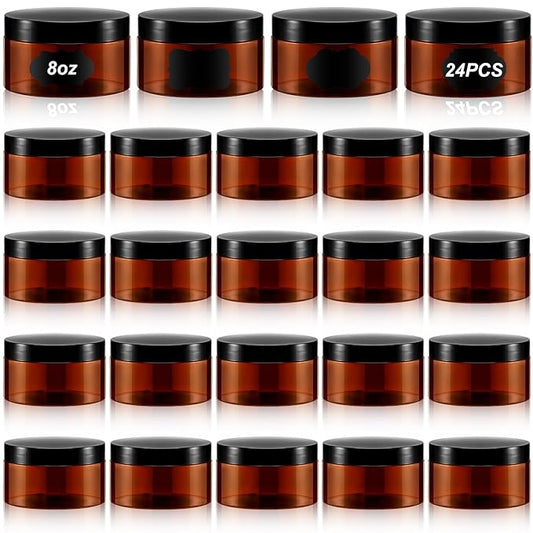 Dandat 24 Pcs 8 oz Plastic Jar Container with Lid and Label Refillable Empty Round Amber PET Cosmetic Sample Slime Containers for Lotion, Cream, Ointments, Body Butter, Makeup, Travel Storage