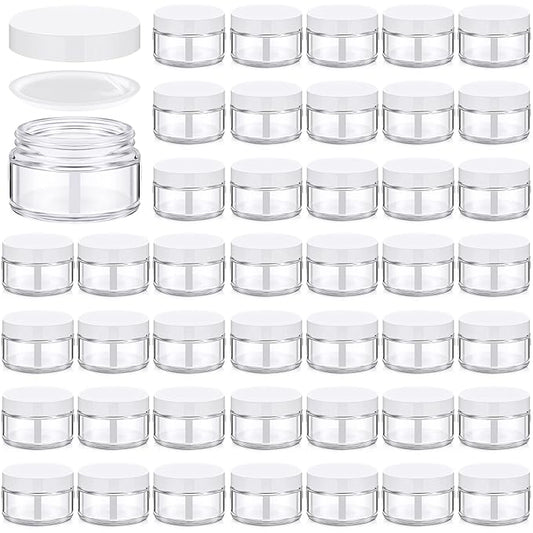 Domensi 60 Pcs 1oz Glass Jars with Lids Bulk Salve Tins Winter Cream Container Small Glass Candle Cosmetic Jars for Travel Lip Balm with Inner Liners for Lotion Sample Cream(Clear, White Lid)