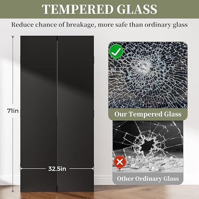 3 Way Mirror Full Length with Tempered Glass, 71"x67" Oversized Bridal Triple-Fold Floor Mirror with Wood Frame, Decorative Trifold Mirror for Home,Wedding Dress/Clothing Shop/Bedroom/Closet (Black)