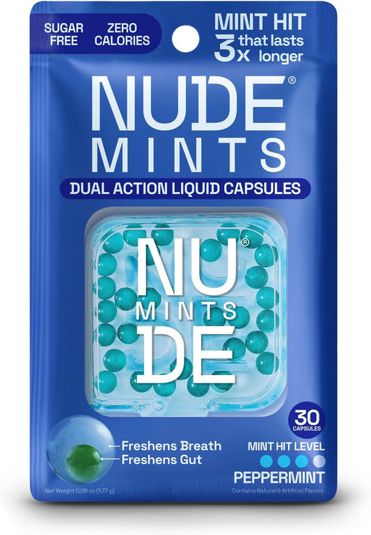 NUDE MINTS | Dual Action Liquid Capsules | Mouth Watering Mint - Lasts 3X Longer - 3X Stronger - Extreme Bad Breath Treatment For Adults - Sugar Free, 0 Calorie - Peppermint - 5 Pack - 150 Capsules