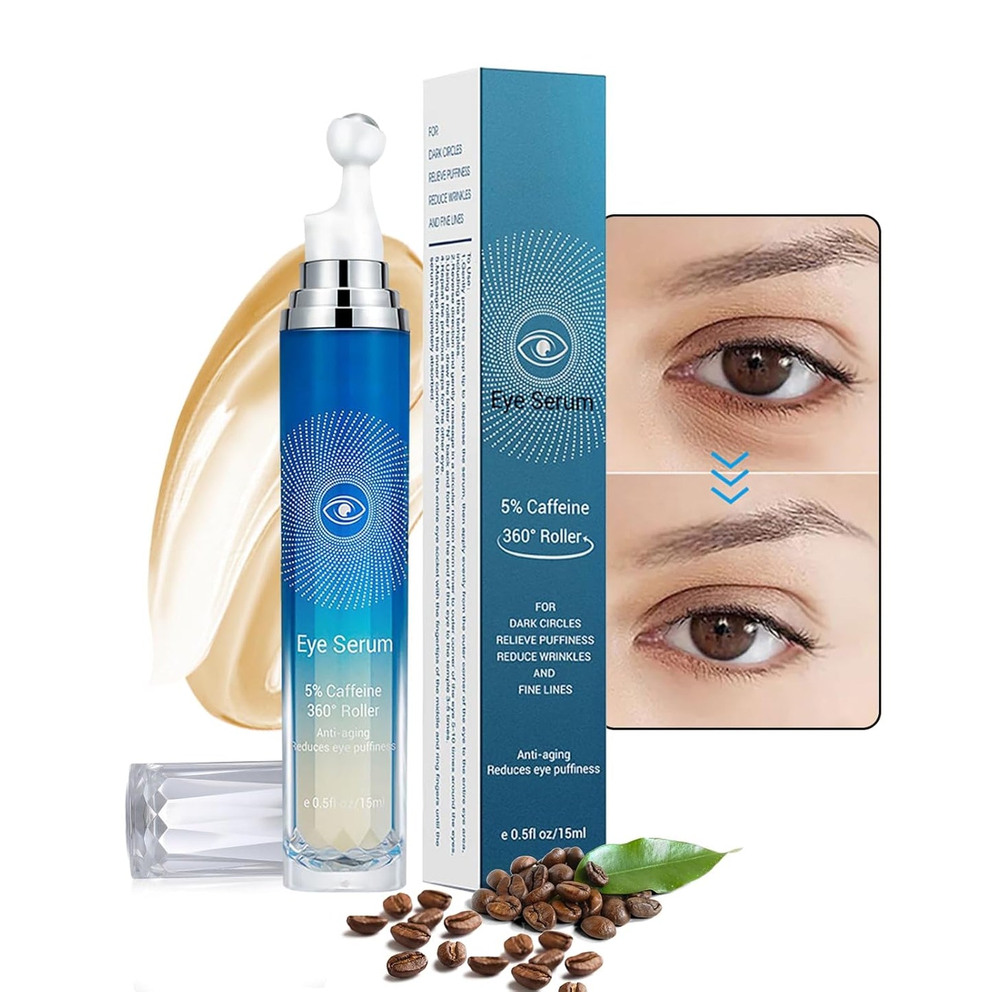 5% Caffeine Eye Cream Serum, Eye Cream For Wrinkles, Dark Circles Under Eye Treatment, 360Â° Eye Roller Serum, Under Eye Cream To Reduce Dark Circles For Fine Lines