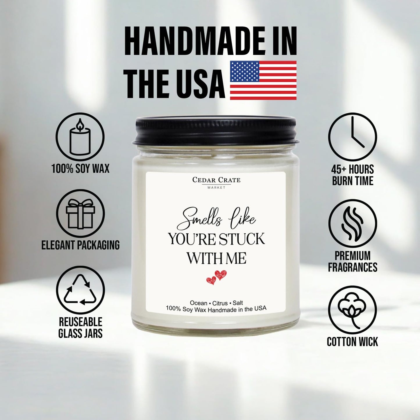 Cedar Crate Market - Anniversary Candle - Smells Like You're Stuck with Me Romantic Wedding Anniversary Present for Men, Women, Couples, Wife, Husband, Him & Her, Soy Wax Scented Candle