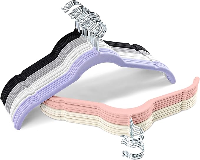 30 Pack Multicolor Velvet Shirt Hangers â Non-Slip Slim Flocked Hangers with Notches, Space-Saving Felt Closet Organiser for Shirts, Dresses, Suits