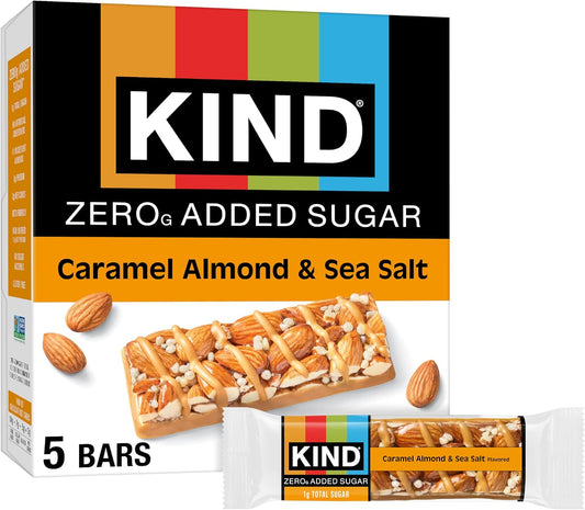Kind Zero Added Sugar Healthy Snacks Bars, Caramel Almond & Sea Salt, Gluten Free, High Fiber, Keto Snacks, 5g Protein, 5 Count