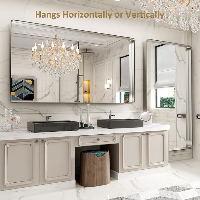 LOAAO 72X40 Inch Brushed Nickel Bathroom Mirror, Rounded Rectangle Silver Metal Frame Mirror, Brushed Nickel, Anti-Rust, Hangs Horizontally or Vertically