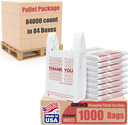 Glotoch Plastic Grocery Store Bags 84000 Count (84 Boxes,1000 Count/box) Pallet Package for Small Business, Thank You Bags with Handles for T-shirt Restaurant, Retail, Takeout, Stores, Shopping