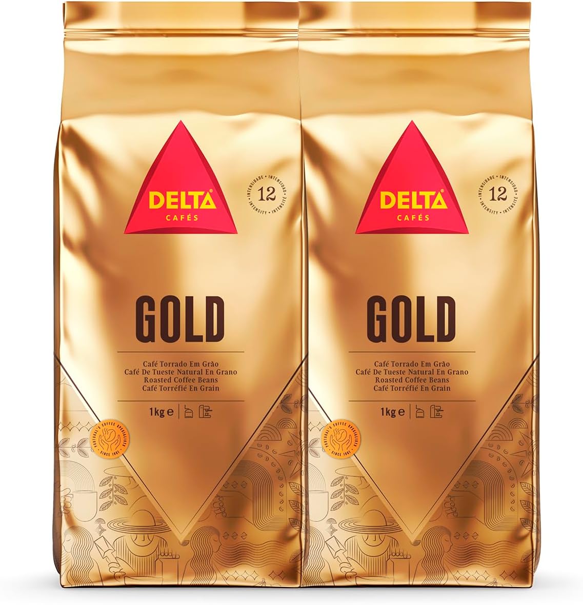 Delta Cafés Gold Whole Bean Coffee 1kg/35.2 oz – Arabica Blend, Intensity 12, Naturally Roasted Espresso Beans with Cereal & Popcorn Notes (2, 70.4 Ounces)