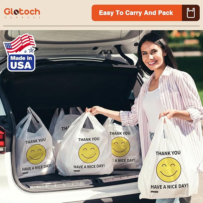 Glotoch 20000 (20K) Ct Plastic Thank You T-shirt Bags Smile Face, 11.5 x 6.5x 21" Have Nice Day Grocery Shopping Gift Bag with Handles for Restaurant, Retail, Togo, Convenience Store, in Bulk Business