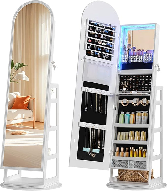 HWB Arched Mirror Jewelry Cabinet with Storage, LED Jewelry Armoire w/Full Length Mirror & 360Â° Swivel, Standing Jewelry Holder Organizer with Rear Storage Shelves & Hooks, Lockable - White