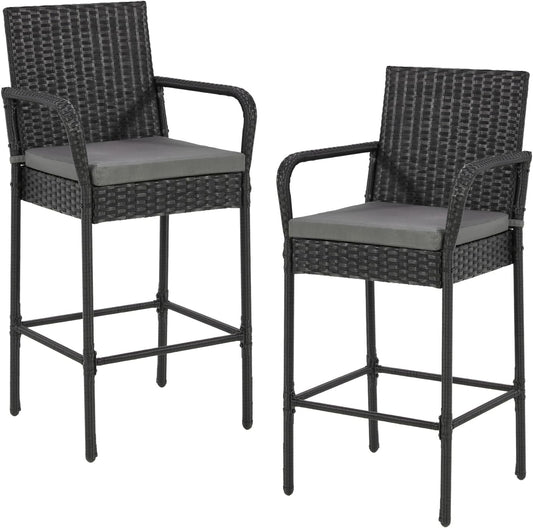 ECOTOUGE Set of 2 Patio Rattan Barstools, All-Weather Wicker Bar Height Chairs with Armrest & Backrest, Soft Cushion, Footrests, Outdoor Furniture for Backyard, Pool, Garden, Black