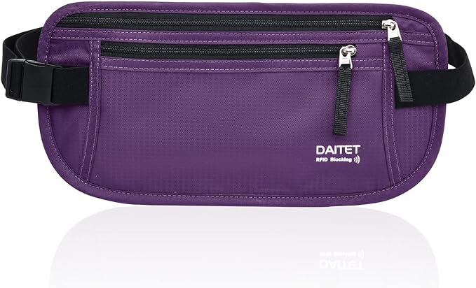 RFID Blocking Money Belt for Men Women, Slim Fanny Pack For Travelï¼Running,Conceal Waist Wallet For Passport Holder,Phone,Cash(Dark Purple), Dark Purple, Rfid Blocking & Belt Wide:1inch