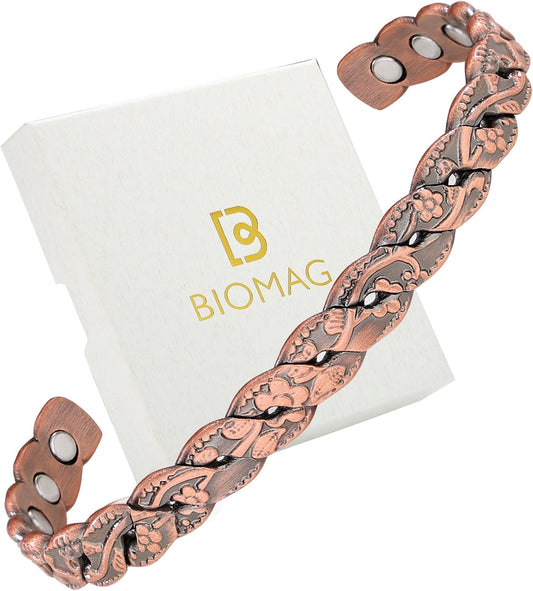 BioMag Magnetic Copper Bracelet for Women Men, 99.99% Pure Copper Cuff Bangle with 6 Pcs 3500 Gauss Magnets, Adjustable Jewerly Gift (Copper-Flower)