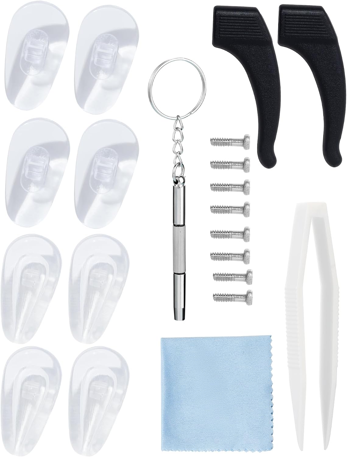 20 Pair of Eyeglasses Nose Pads,10 Pair of Air Chamber Soft Silicone Nose Pads & 10 Pair of Hard PVC Nose Pad,Screws,Screwdrivers,Tweezer and Cleaning Cloth