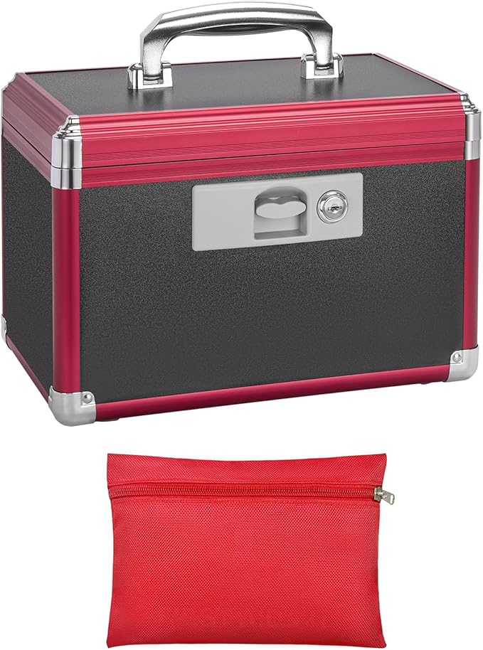 Secure Medicine Lock Box with Key, Childproof Metal Medication Storage Organizer for Home & Travel, Layered Aluminum First Aid Box, Portable & Durable â 10" x 6" x 6.7" Black & Red