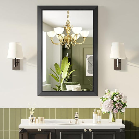 Black Bathroom Mirror for Over Sink, 22x30Inch Thick Anti-Rust Metal Frame, Rectangle Decorative Wall Mirror with HD Tempered Glass Horizontal or Vertical Mount for Vanity, Bedroom, Living Room