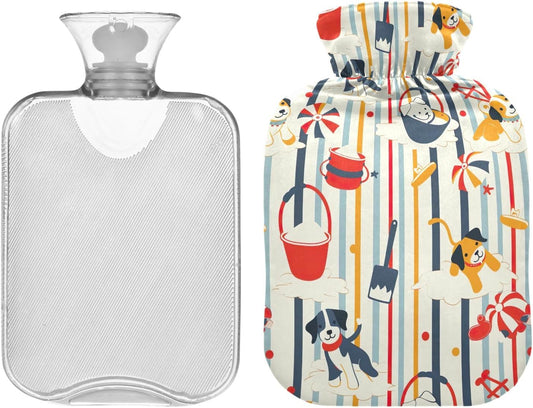 Colorful Cartoon Dogs Classic Hot Water Bottle with Cover, 1 Liters Durable Hot Water Bag for Tummy Cramps Neck and Shoulder Waist Pain Relief, Hot and Cold Compress