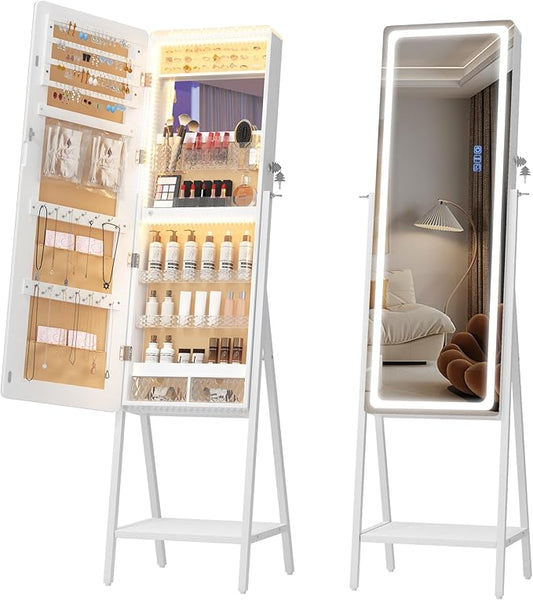 LVSOMT LED Mirror Jewelry Cabinet, Large Jewelry Armoire Cabinet Standing, Lockable Full Length Mirror with Jewelry Storage, Space-Saving Jewelry Organizer Mirror, 14 RGB Lights, White
