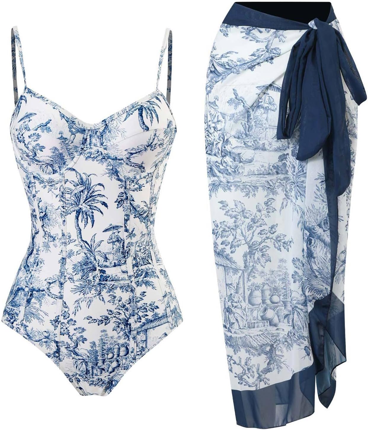 YUNAR Women Retro Deep Plunging One Piece Monokini Swimwear with Sarong 2 pcs Set