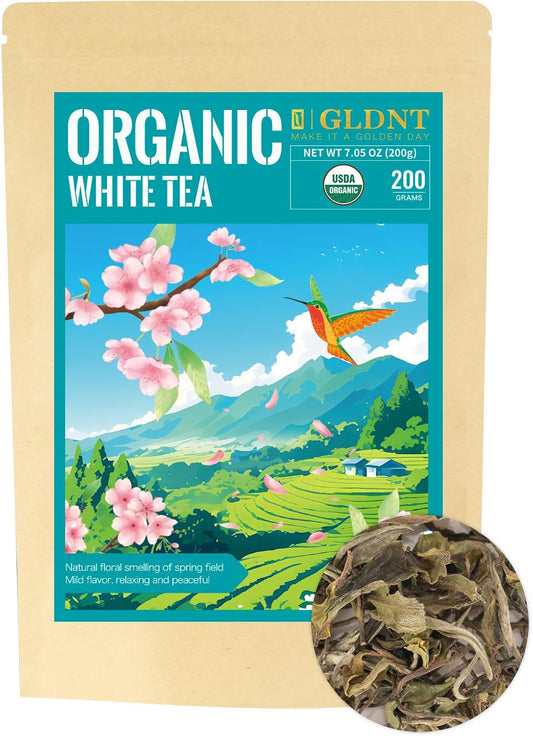 Organic White Tea Loose Leaf, 7oz Premium Whole Leaf White Tea, Light Floral & Clean Aroma, Smooth Refreshing Finish, Hot or Cold Brew, Low Caffeine