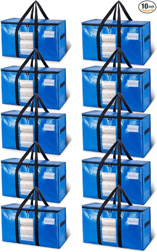 TAILI Extra Large Moving Bags, 10 Pack Blue Heavy Duty Totes for Storage with Visible Window, Wrap Around Handles, Storage Bags for Space Saving, Alternative to Moving Boxes