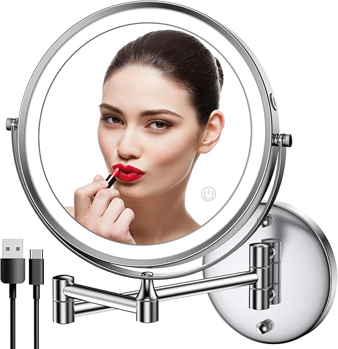 Rocollos Rechargeable Wall Mounted Lighted Makeup Mirror, 8 Inch Double-Sided LED Vanity Mirror 1X/7X Magnification,3 Color Lights Touch Screen Dimmable 360Â°Swivel 13 Inch Extendable