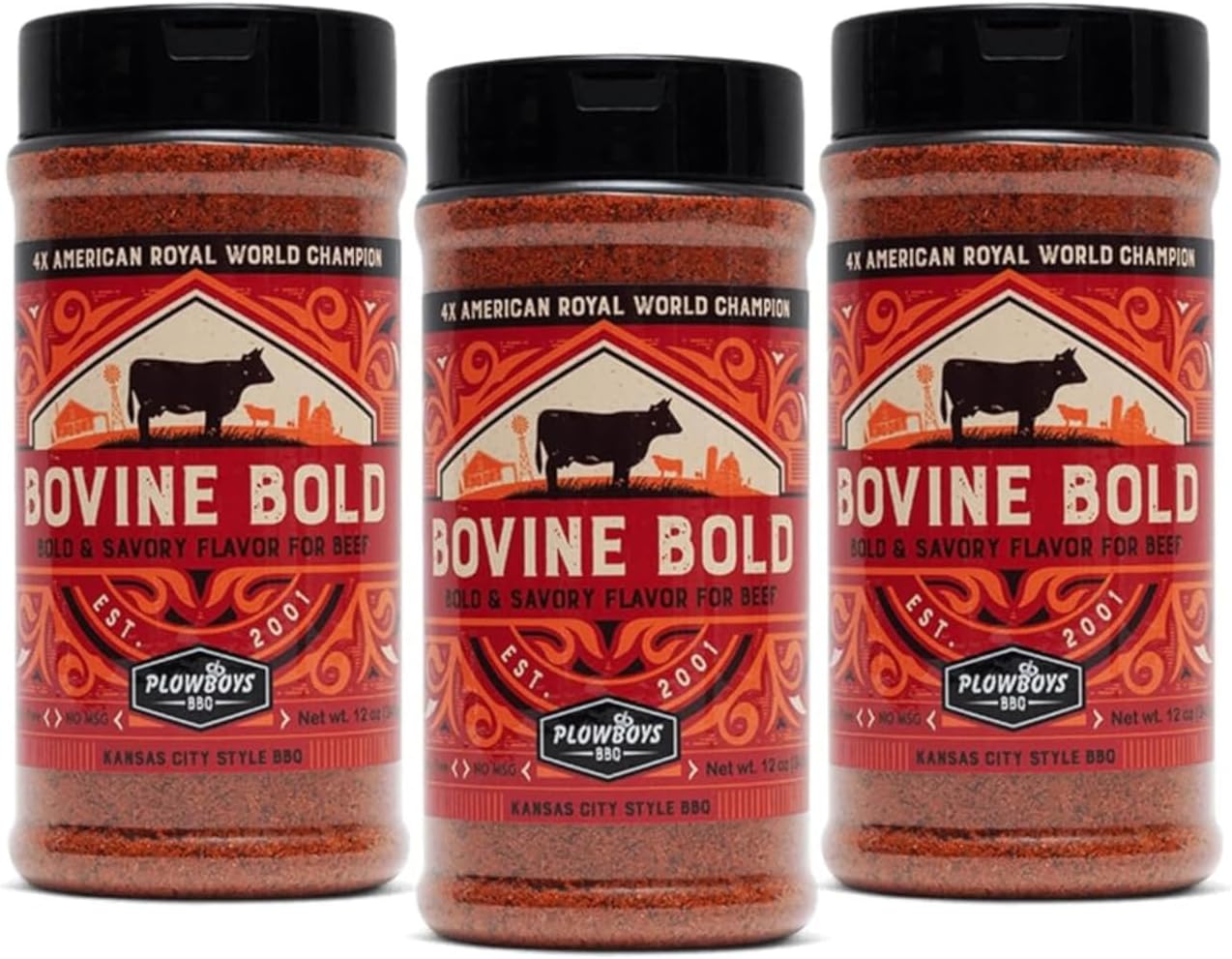 Plowboys BBQ Seasonings and Rubs – Award-Winning Championship Spice Blends for Grilling, Smoking, and Cooking (3 Pack, Bovine Bold)