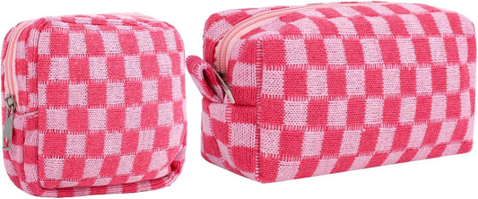 Sanitary Napkin Storage Bag Makeup Bag Set, Red Checkered Knit Design (2pcs Large & Small), Discreet Period Bag Pad Pouch, Small Pouch for Feminine Products, Tampon Holder for Purse Travel Use