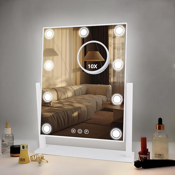 Lighted Makeup Mirror, 14"x 12" Hollywood Vanity Mirror with 9 LED Bulbs, 3 Color Lights, and Detachable 10X Magnification Mirror, 1200mAh Rechargeable, Touch Control, 360Â°Rotation (White)