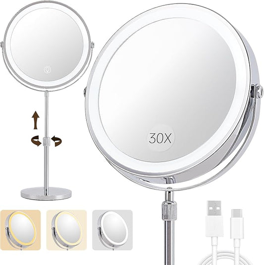 1X/30X Magnifying Makeup Mirror with Lights - 9" Large Dual-Sided Vanity Mirror with 3 Color Lights for Women's Travel Cosmetic Mirror | 3000 mAh-USB Rechargeable | 360Â° Rotation | Adjustable Height