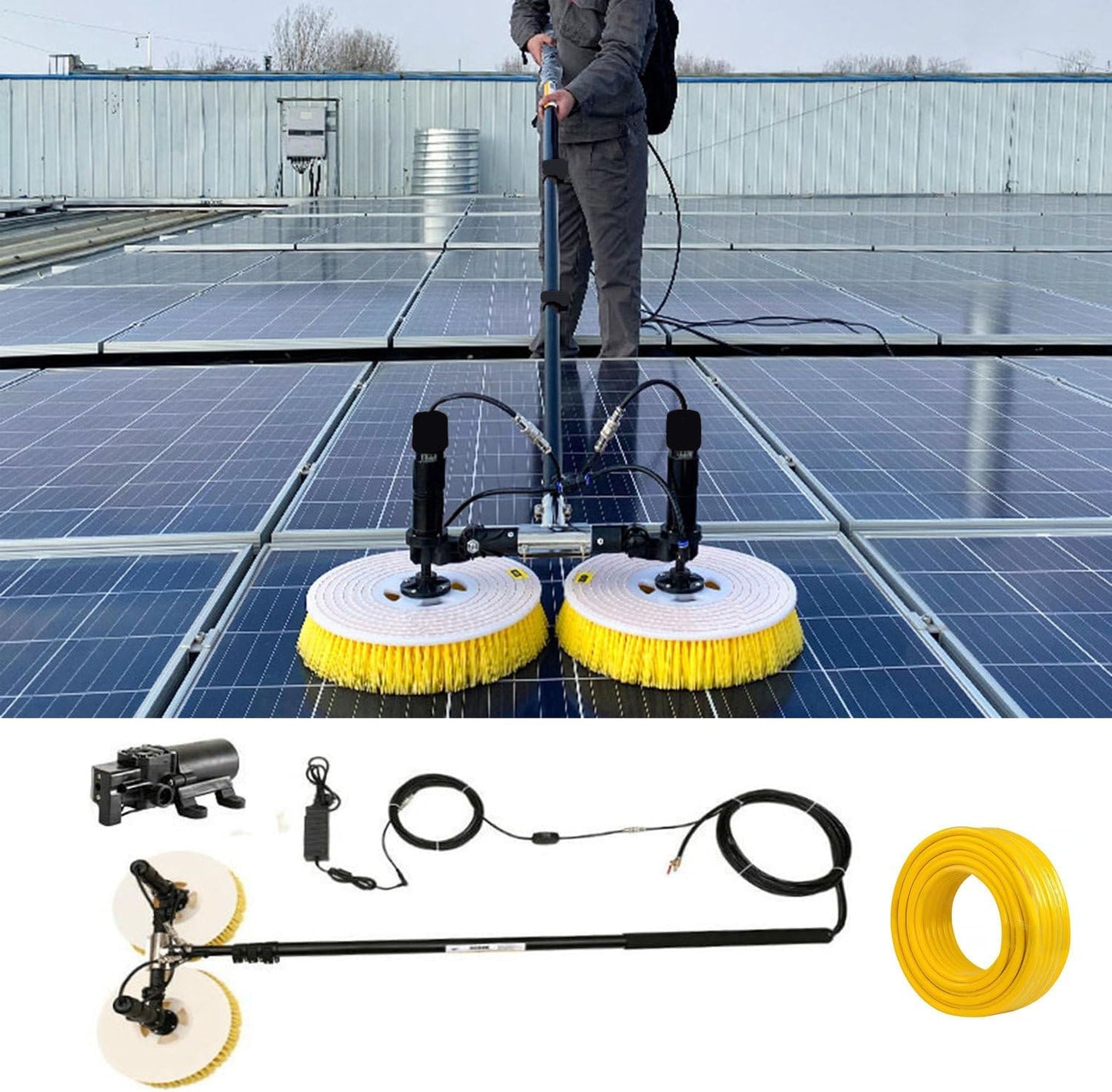 Electric Photovoltaic Panel Cleaning Tool, Water Fed Pole Kit with Telescopic Pole, 65cm Round Brushes, 17m Cable/29m Water Pipe Line, Plug in,3.5M