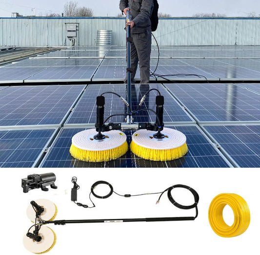Electric Photovoltaic Panel Cleaning Tool, Water Fed Pole Kit with Carbon Fiber Telescopic Rod, 65cm Round Brushes, 17m Cable/29m Water Pipe Line, Plug in,3.5M
