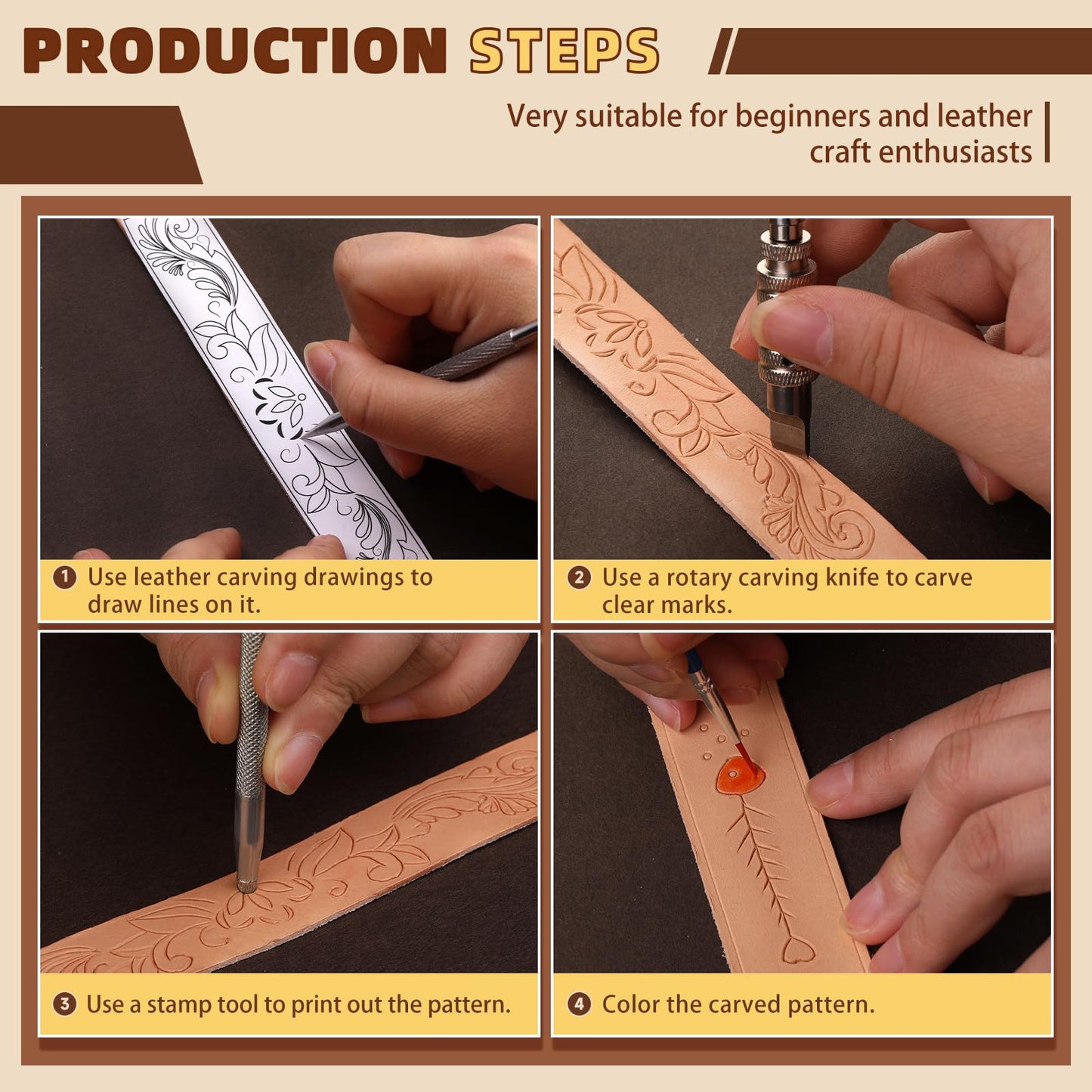 Leather Crafting Kit: Leather Working Tools and Supplies for DIY Craft Beginners Stamping Dyeing Carving Sewing Edge Sealing with Video Tutorials for Earrings Wallet Keychain Wristband Bookmark