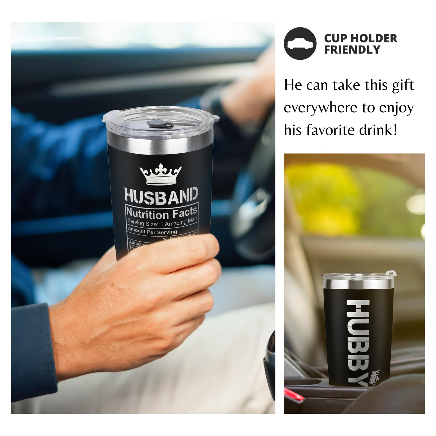 Gifts for Husband from Wife - Wedding Anniversary for Him, Valentines, Fathers Day, Birthday Gifts for Him - Present for Husband - Coffee Cup with Lid - 20 Oz Black Stainless Steel Tumbler