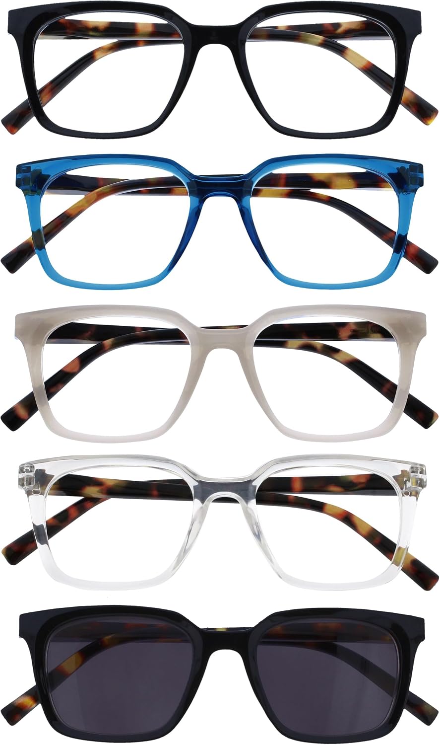 OPULIZE KOI Reading glasses and Reading sunglasses for Women Men,Scratch Resistant Large Rectangular frame with spring Hinges, Black, Blue, Grey, Clear, Black +2 (Pack of 5)