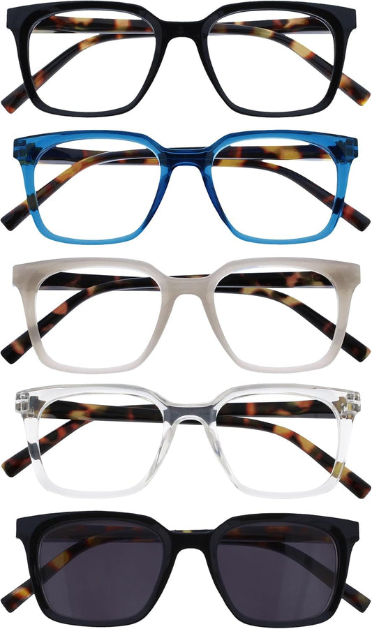 OPULIZE KOI Reading glasses and Reading sunglasses for Women Men,Scratch Resistant Large Rectangular frame with spring Hinges, Black, Blue, Grey, Clear, Black +2 (Pack of 5)