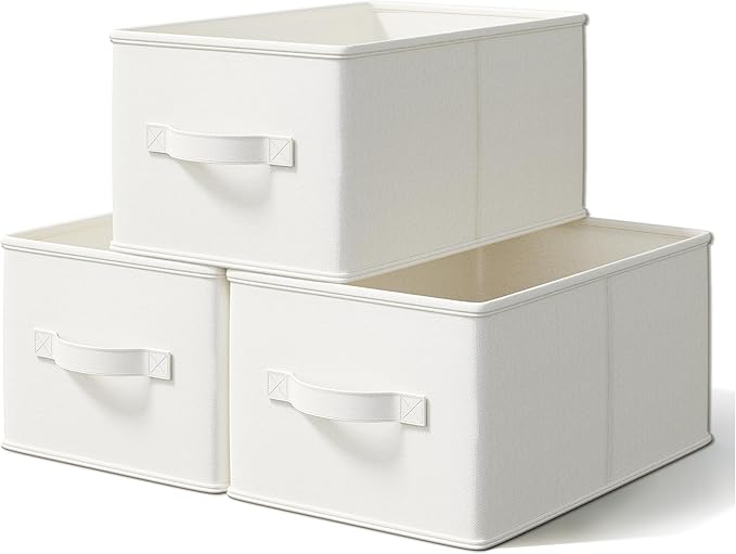 3 Pack Fabric Storage Bins for Shelves | 14Â¾" L*10Â¼" W*8Â¼" H Closet Storage Bins | Collapsible Closet Organizers for Clothes | Linen Clothes Bins | White & Ivory